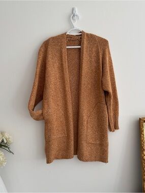 Chunky Knit Open Cardigan Mustard Brown Minimalist Duster Cozy Layering Sweater